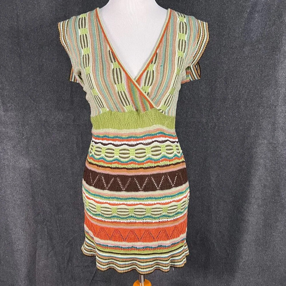 Vintage Liv V NECK CROCHET Sweater DRESS Boho Kantha Festival Stretchy - Picture 1 of 9